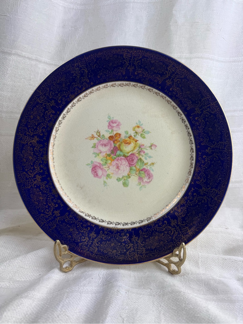 VTG Padden City Pottery Dinner Plate Cobalt Blue 23 Karat Gold Filigree Floral